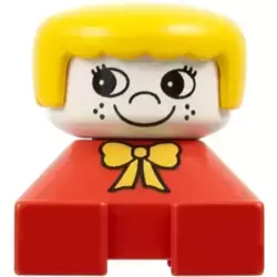 Duplo 2 x 2 x 2 Figure Brick, Red Base with Yellow Bow, White Head with Eyelashes and Freckles, Yellow Hair