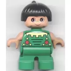 Duplo Figure, Child Type 2 Boy, Green Legs, Green Top, Black Hair (Native American)