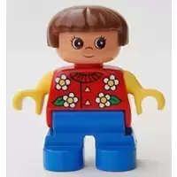 Duplo Figure, Child Type 2 Girl, Blue Legs, Red Torso With Flowers Pattern, Collar And 2 Buttons, Yellow Arms, Brown Hair