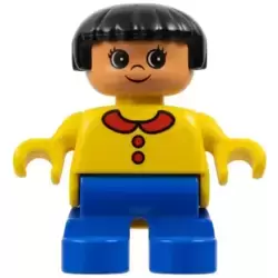 Duplo Figure, Child Type 2 Girl, Blue Legs, Yellow Top with Collar and 2 Buttons, Black Hair