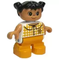 Duplo Figure, Child Type 2 Girl, Medium Orange Legs, Checkered Blouse, Black Hair Pigtails