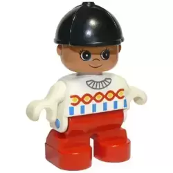 Duplo Figure, Child Type 2 Girl, Red Legs, White Top with Red, Yellow and Blue Designs, Black Riding Hat