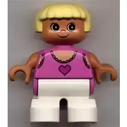 Duplo Figure, Child Type 2 Girl, White Legs, Dark Pink Lace Tank Top with Heart, Yellow Hair
