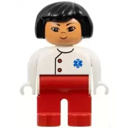 Duplo Figure, Doctor / Medic - Female, Adult Woman, Red Legs, White Top with Buttons and EMT Star of Life Pattern, Black Hair, Nougat Head (75498)