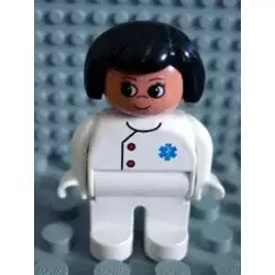 Duplo Figure, Doctor / Medic - Female, Adult Woman, White Legs, White Top with Buttons and EMT Star of Life Pattern, Black Hair, Nougat Head