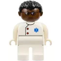 Duplo Figure, Doctor / Medic - Male, Adult Man, White Legs, White Top with Buttons and EMT Star of Life Pattern, Black Hair, Brown Head (75503)