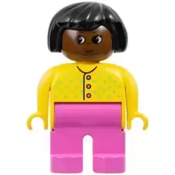 Duplo Figure - Female, Adult Woman, Dark Pink Legs, Yellow Top with Buttons and V Stitching Pattern, Black Hair, Brown Head (75504)