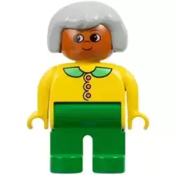 Duplo Figure - Female, Adult Woman, Green Legs, Yellow Top with Collar and Buttons Pattern, Light Gray Hair, Dark Orange Head (75512)