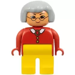 Duplo Figure - Female, Adult Woman, Yellow Legs, Red Top with Collar, Buttons, and Brooch Pattern, Light Gray Hair, Nougat Head (75500)