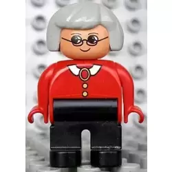 Duplo Figure, Female, Black Legs, Red Blouse with White Collar, Gray Hair, Glasses