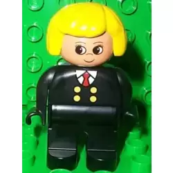 Duplo Figure, Female, Black Legs, Red Tie and Black Suit, Yellow Hair