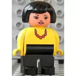 Duplo Figure, Female, Black Legs, Yellow Blouse with Red Beaded Necklace, Black Hair, Lips
