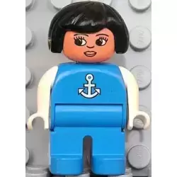 Duplo Figure, Female, Blue Legs, Blue Top with White Anchor, Black Hair