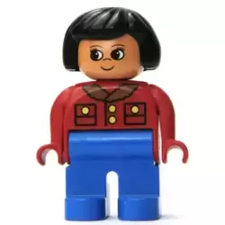 Duplo Figure, Female, Blue Legs, Red Jacket with Gold Buttons, Black Hair