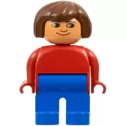 Duplo Figure, Female, Blue Legs, Red Top, Brown Hair, No Eyelashes, Plain Smile