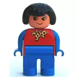 Duplo Figure, Female, Blue Legs, Red Top With Yellow And Red Polka Dot Scarf, Blue Arms, Black Hair, without Nose