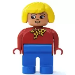 Duplo Figure, Female, Blue Legs, Red Top with Yellow and Red Polka Dot Scarf, Yellow Hair, Turned Down Nose