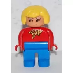 Duplo Figure, Female, Blue Legs, Red Top with Yellow and Red Polka Dot Scarf, Yellow Hair, without Nose