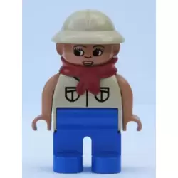 Duplo Figure, Female, Blue Legs, Tan Top with 2 Pockets, Tan Pith Helmet, Red Bandana, Eyelashes