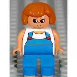 Duplo Figure, Female, Blue Legs, White Top with Blue Overalls with Red Hearts