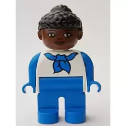 Duplo Figure, Female, Blue Legs, White Top with Blue Sleeves and Scarf, Black Curly Hair in Bun, Brown Head