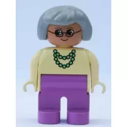 Duplo Figure, Female, Dark Pink Legs, Yellow Blouse with Green Necklace, Gray Hair
