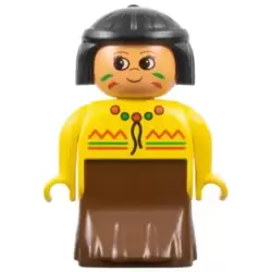 Duplo Figure, Female Lady, Brown Dress, Yellow Top, Black Hair (Native American)
