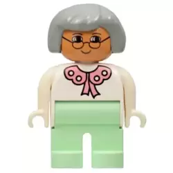 Duplo Figure, Female, Light Green Legs, White Blouse, Gray Hair, Glasses