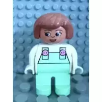 Duplo Figure, Female, Light Green Legs, White Top with Light Green Overalls with Pink Buttons, Fabuland Brown Hair