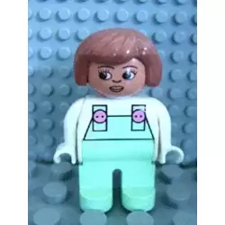 Duplo Figure, Female, Light Green Legs, White Top with Light Green Overalls with Pink Buttons, Fabuland Brown Hair