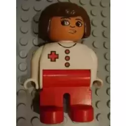 Duplo Figure, Female Medic, Red Legs, White Top, Brown Hair, Red Cross