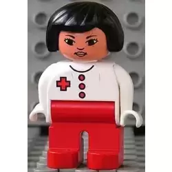 Duplo Figure, Female Medic, Red Legs, White Top with Red Buttons and Cross, Black Hair, Lips