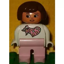 Duplo Figure, Female, Pink Legs, White Top with Pink Scarf with Hearts Pattern, Brown Hair