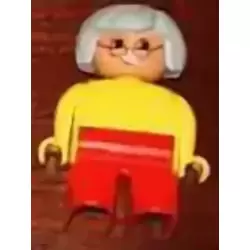 Duplo Figure, Female, Red Legs, Yellow Blouse, Gray Hair, Glasses