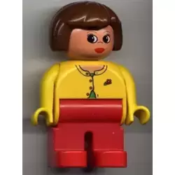 Duplo Figure, Female, Red Legs, Yellow Blouse with Red Buttons, Brown Hair