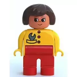 Duplo Figure, Female, Red Legs, Yellow Top with Red Buttons & Wrench in Pocket, Brown Hair, Turned Up Nose