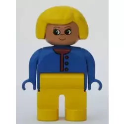 Duplo Figure, Female, Yellow Legs, Blue Sweater Unbuttoned with Red Buttons, Yellow Hair