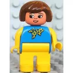 Duplo Figure, Female, Yellow Legs, Blue Top with Yellow and Blue Polka Dot Scarf, Yellow Arms, Brown Hair