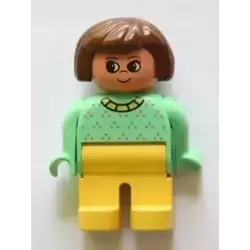 Duplo Figure, Female, Yellow Legs, Light Green Top with Purple Dots, Yellow Collar, Brown Hair