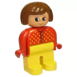 Duplo Figure, Female, Yellow Legs, Red Sweater with Yellow V Stitching, Brown Hair, Turned Up Nose
