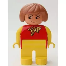 Duplo Figure, Female, Yellow Legs, Red Top with Yellow and Red Polka Dot Scarf, Yellow Arms, Fabuland Brown Hair, without Nose