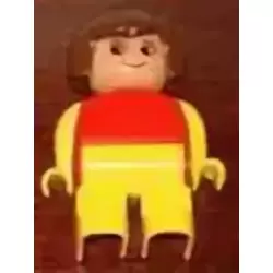 Duplo Figure, Female, Yellow Legs, Red Top with Yellow Arms, Brown Hair