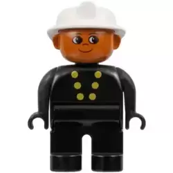 Duplo Figure, Firefighter - Male, Adult Man, Black Legs, Black Top with Buttons Pattern, White Fire Helmet, Dark Orange Head (75509)