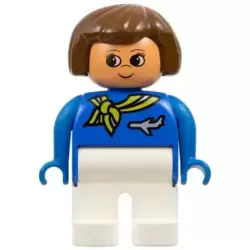 Duplo Figure, Flight Attendant - Female, White Legs, Blue Top with Scarf with Stripe and Jet Airplane Pin Pattern, Brown Hair, Nougat Head with Grin and Turned Up Nose (75515)