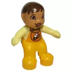 Duplo Figure Lego Ville, Baby, Bright Light Orange Overalls with Bib with Bee Pattern, Pacifier