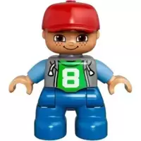 Duplo Figure Lego Ville, Child Boy, Blue Legs, Light Bluish Gray Top with Number 8, Medium Blue Arms, Red Cap, Freckles (6024623)