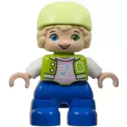 Duplo Figure Lego Ville, Child Boy, Blue Legs, Lime Jacket with White Sleeves, Bright Pink Shirt, Yellowish Green Bicycle Helmet (6424661)