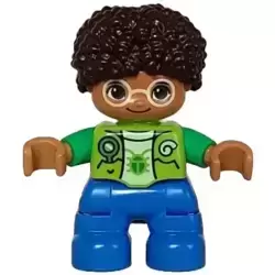 Duplo Figure Lego Ville, Child Boy, Blue Legs, Lime Vest, Yellowish Green Shirt, Bright Light Yellow Glasses, Dark Brown Hair (6446049)