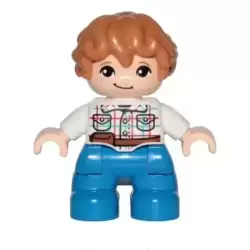 Duplo Figure Lego Ville, Child Boy, Blue Legs, White Checkered Shirt with Belt, Medium Nougat Hair