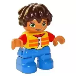 Duplo Figure Lego Ville, Child Boy, Blue Legs, Yellow Vest, Red Arms, Reddish Brown Hair (6265055)